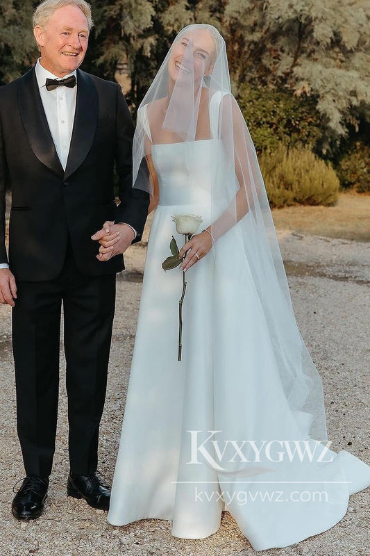 Modern A Line Square Neck Satin Long Wedding Dresses Gown HS970