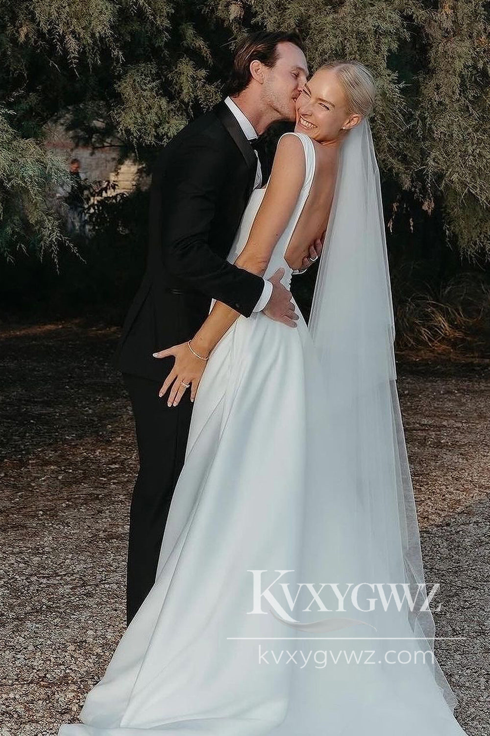 Modern A Line Square Neck Satin Long Wedding Dresses Gown HS970
