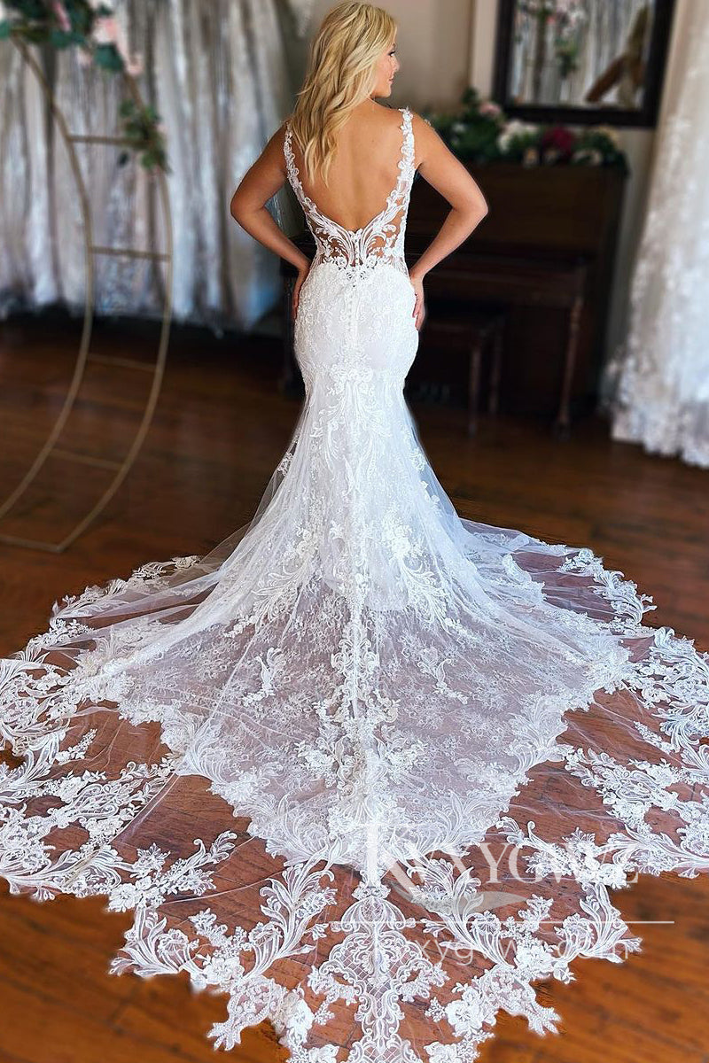 Graceful Mermaid V Neck White Lace Wedding Dresses Gown with Train HS971