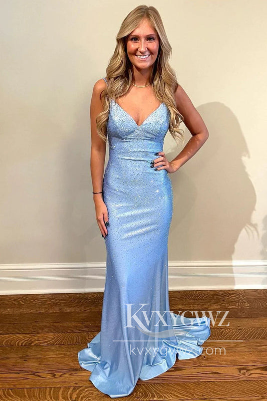 Stunning Mermaid V Neck Evening Gown Light Blue Satin Prom Dress with Beading LF972