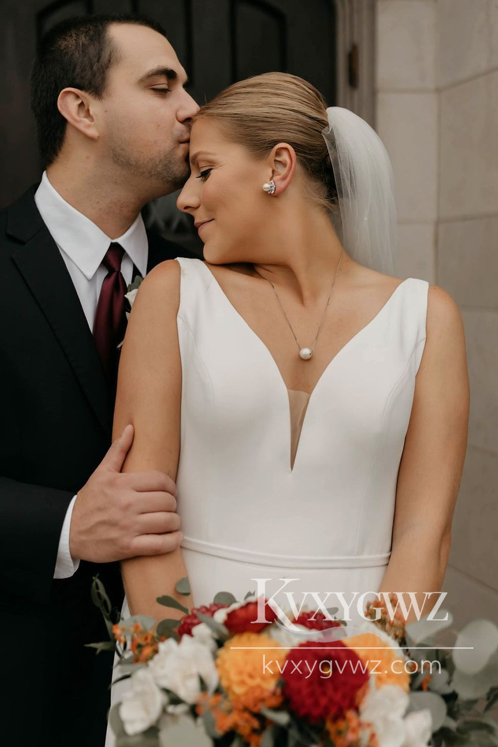 Graceful Simple Sheath V Neck Elastic Satin Long Wedding Dresses Gown HS972