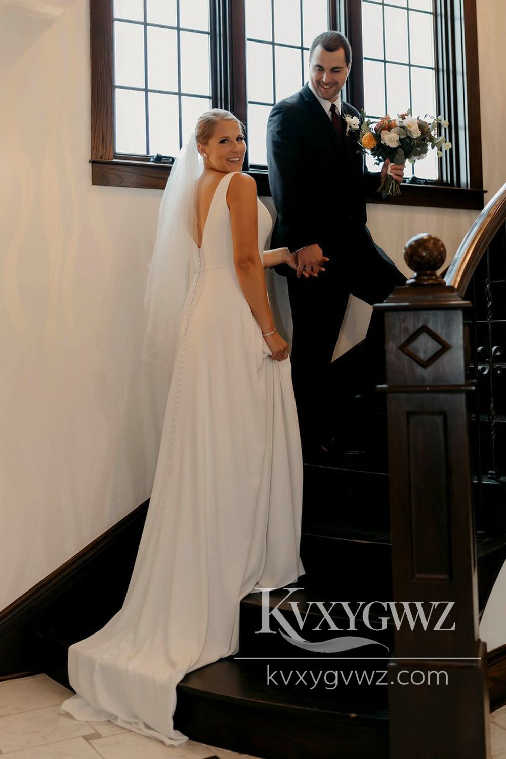 Graceful Simple Sheath V Neck Elastic Satin Long Wedding Dresses Gown HS972