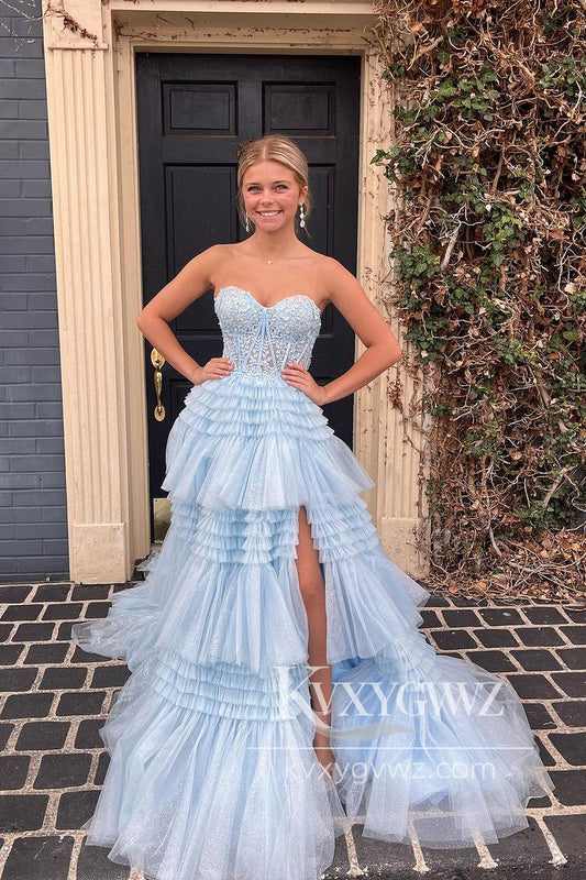 Light Blue Sweetheart Ruffles Tiered Evening Gown Tulle Long Prom Dress with Appliques LF974