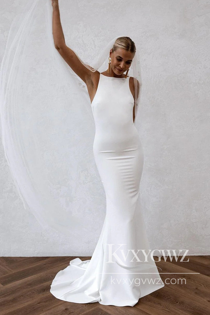 Graceful Simple Mermaid Scoop Neck Soft Satin Long Wedding Dresses Gown HS974