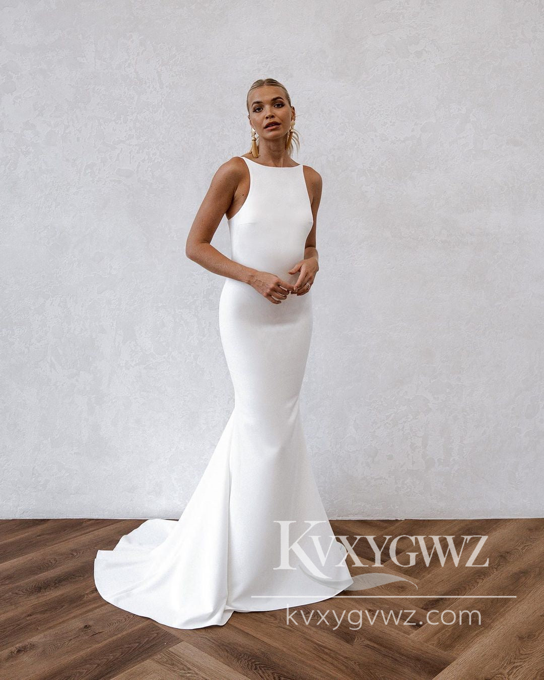 Graceful Simple Mermaid Scoop Neck Soft Satin Long Wedding Dresses Gown HS974