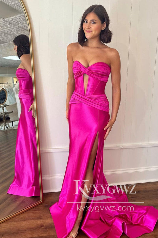 Charming Mermaid Evening Gown Sweetheart Hot Pink Satin Prom Dress with Slit LF975