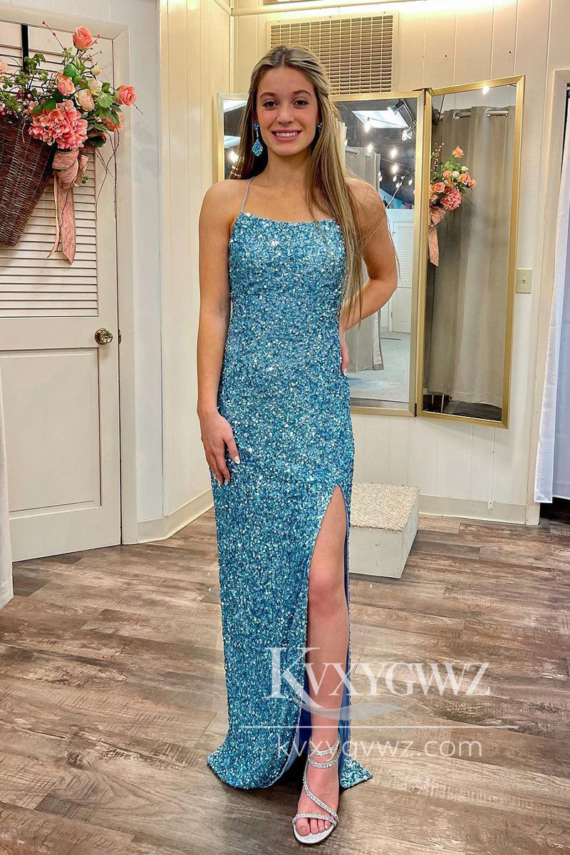 Blue Scoop Neck Evening Gown Sequins Mermaid Prom Dress with Slit LF976