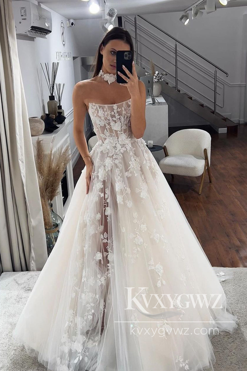 Pastoral Style A Line Strapless Tulle Long Wedding Dresses Gown with 3D Flowers HS976