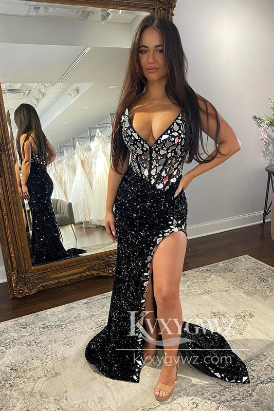 Black Sequins V Neck Evening Gown Mermaid Beading Prom Dress with Slit LF977