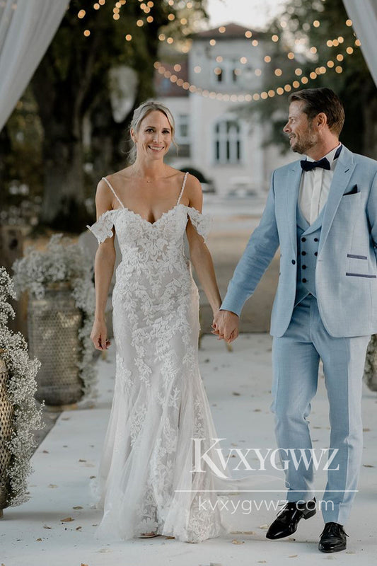 Pastoral Style Sheath Sweetheart Lace Long Wedding Dresses Gown with Appliques HS977