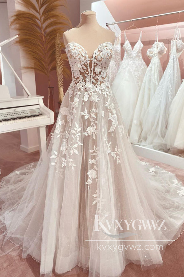 Pastoral Style A Line Sweetheart Tulle Long Wedding Dresses Gown with Appliques HS978