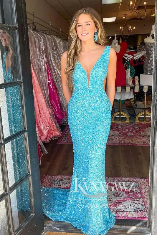 Conspicuous Mermaid Evening Gown Deep V Neck Blue Sequins Prom Dress LF978