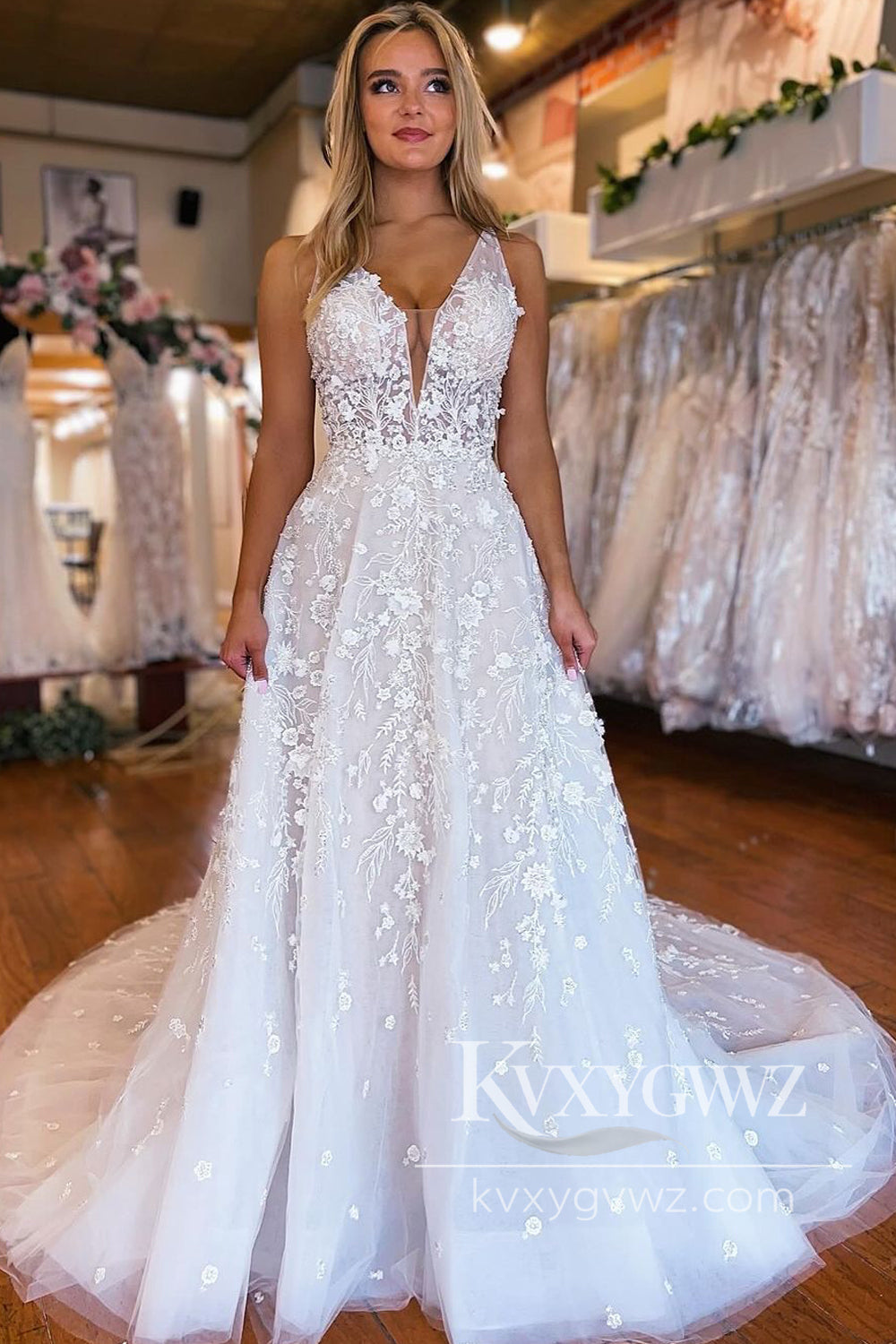 Pastoral Style A Line V Neck Tulle Wedding Dresses Gown with Appliques HS979