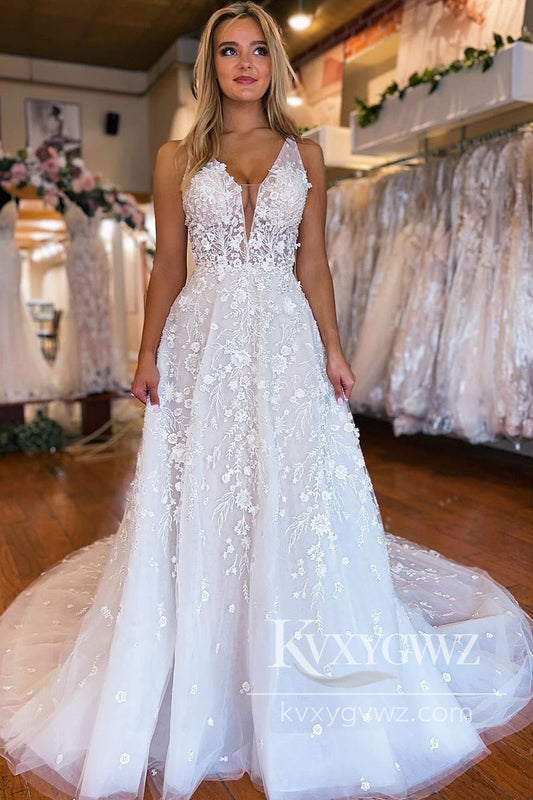 Pastoral Style A Line V Neck Tulle Wedding Dresses Gown with Appliques HS979