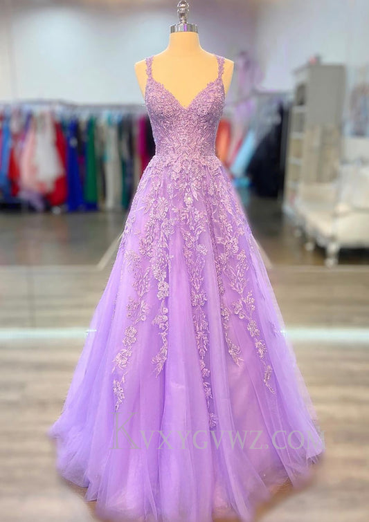 Romantic Beaded Long A-line Lace-embroidered Prom Dress LF098