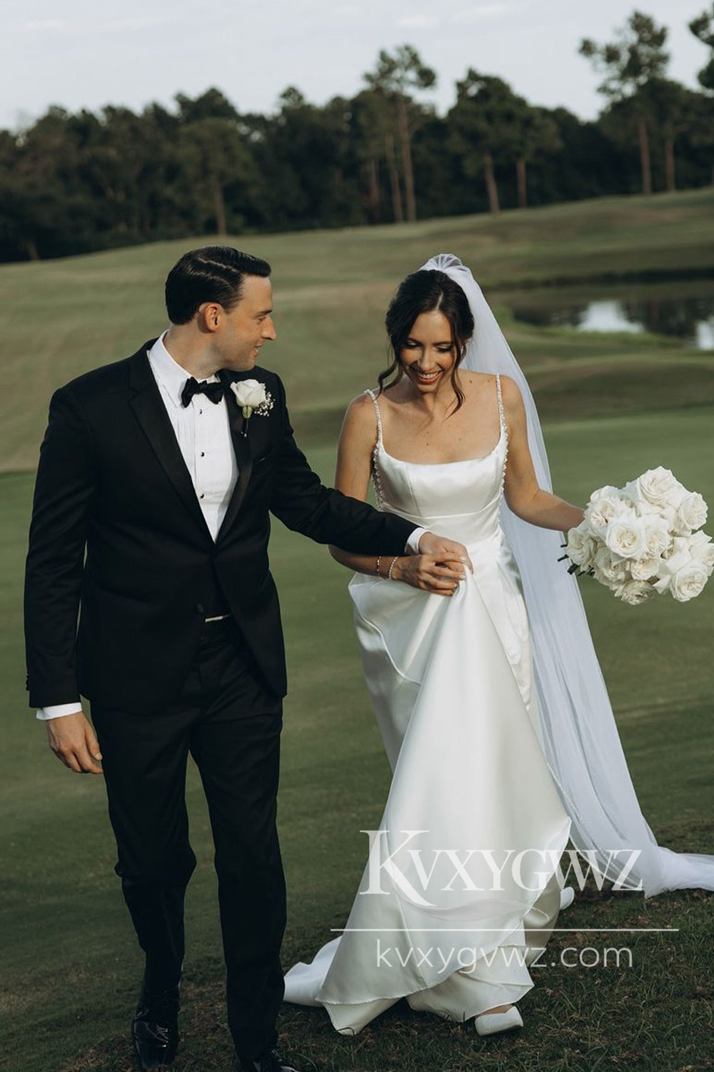 Modern A Line Square Neck Satin Satin Long Wedding Dresses Gown with Beading HS980