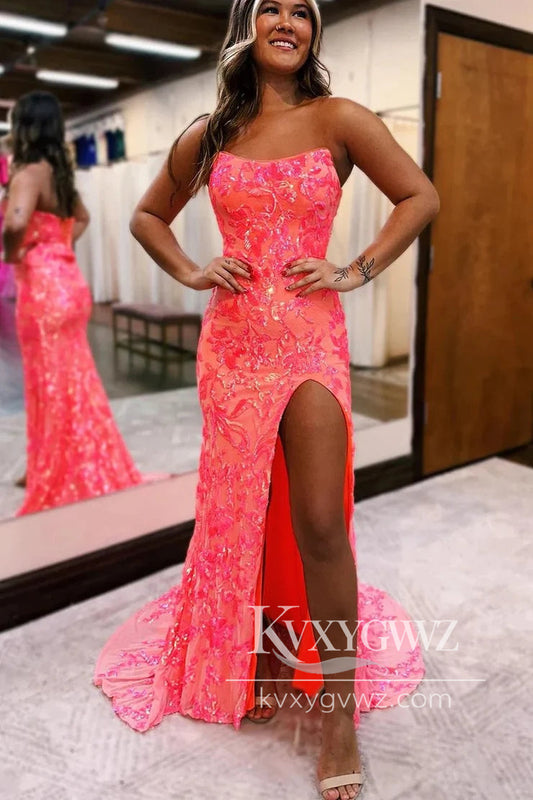 Stunning Sheath Mermaid Evening Gown Scoop Neck Coral Sequins Prom Dress with Slit LF981