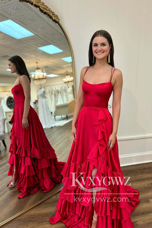 Spaghetti Strap A-Line Evening Gown Scoop Neck Satin Long Prom Dress with Slit LF982