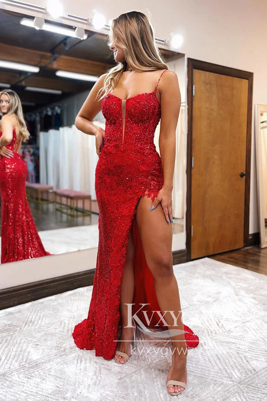 Red Spaghetti Straps Evening Gown Appliques Prom Dress with Slit LF984
