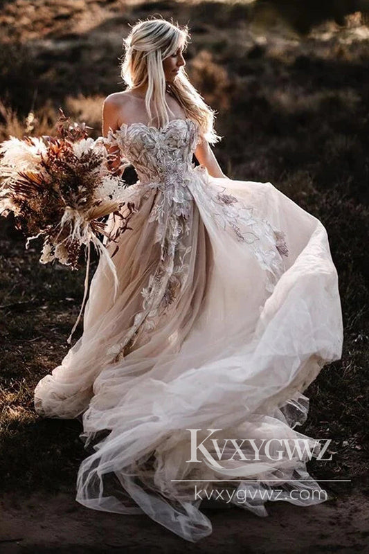 Pastoral Style A Line Off the Shoulder Blush Pink Tulle Wedding Dresses Gown Spring Bridal Dress HS985