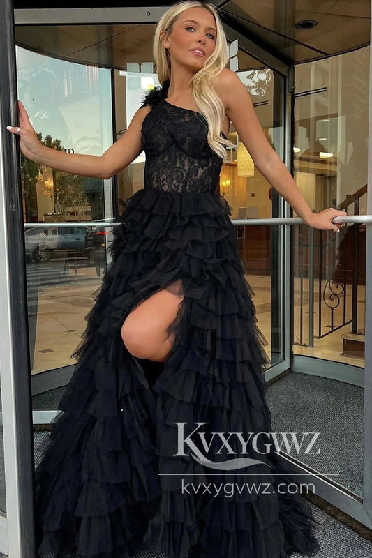 Black One Shoulder Evening Gown Corset Tiered Long Prom Dress with Ruffles LF985