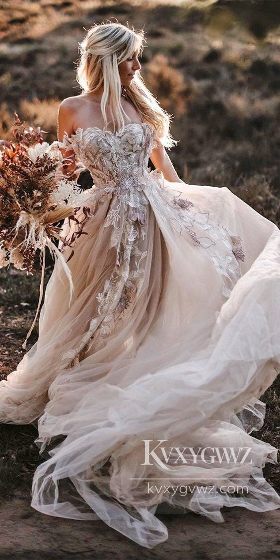 Pastoral Style A Line Off the Shoulder Blush Pink Tulle Wedding Dresses Gown Spring Bridal Dress HS985