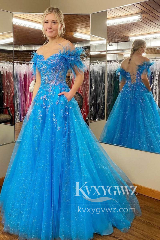 Blue Tulle Feather Off-the-Shoulder Evening Gown Lace-Up A-Line Long Prom Dress LF986