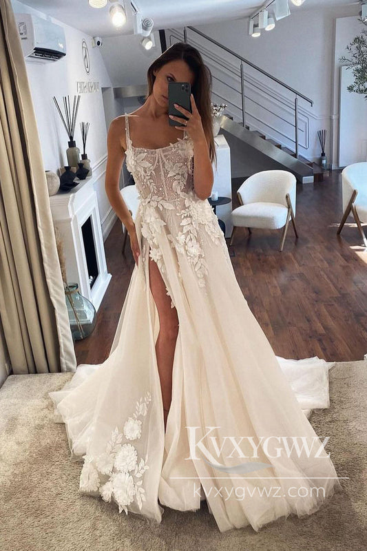 Pastoral Style A Line Scoop Neck Conspicuous Tulle Long Wedding Dresses Gown with Appliques HS986