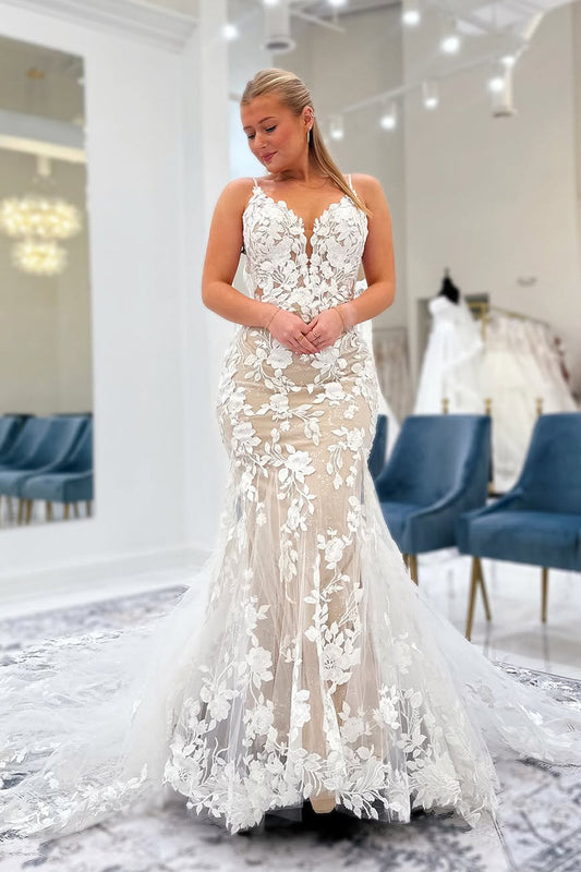 Mermaid V Neck Ivory Tulle Lace Wedding Dresses Gown HS804