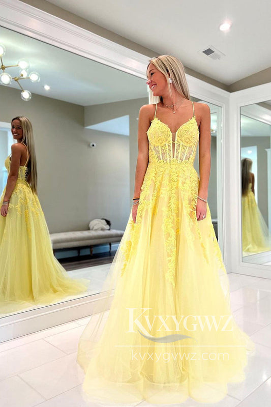 A-Line Spaghetti Straps Evening Gown Yellow Tulle Long Prom Dress with Appliques LF987