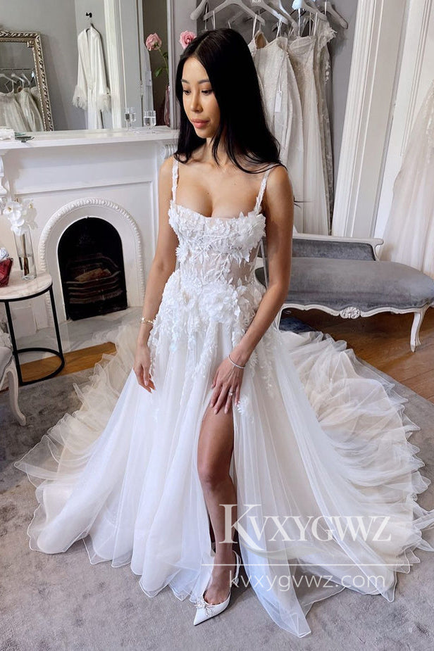 Pastoral Style A Line Scoop Neck Tulle Long Wedding Dresses Gown with Lace HS987