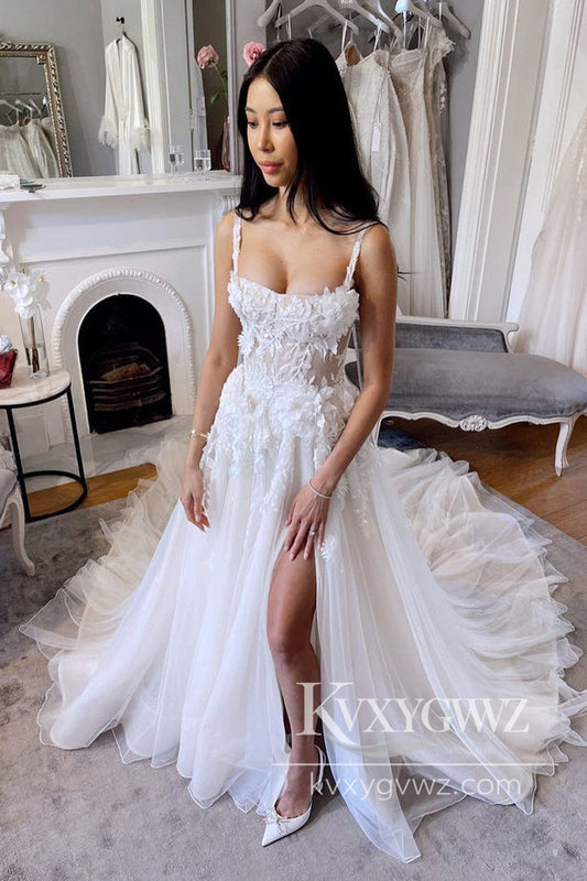 Pastoral Style A Line Scoop Neck Tulle Long Wedding Dresses Gown with Lace HS987