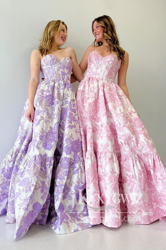 A-Line Sweetheart Evening Gown Floral Printed Long Prom Dress LF988