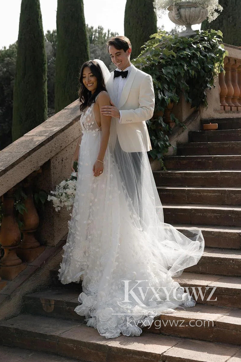 Pastoral Style A Line V Neck Tulle Long Wedding Dresses Gown with 3D Appliques HS988
