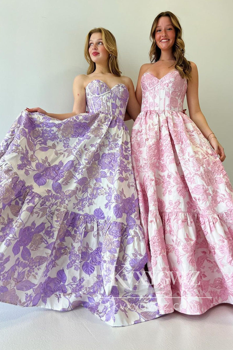 A-Line Sweetheart Evening Gown Floral Printed Long Prom Dress LF988