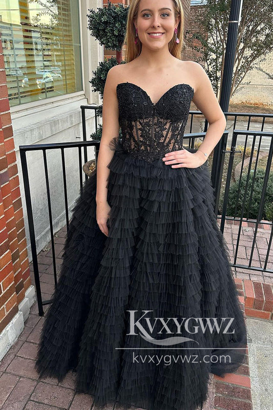 Black Sweetheart Evening Gown Tiered Tulle Long Prom Dress with Appliques LF989