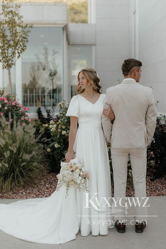 Pastoral Style A Line V Neck Satin Wedding Dresses Gown with Sleeves HS989