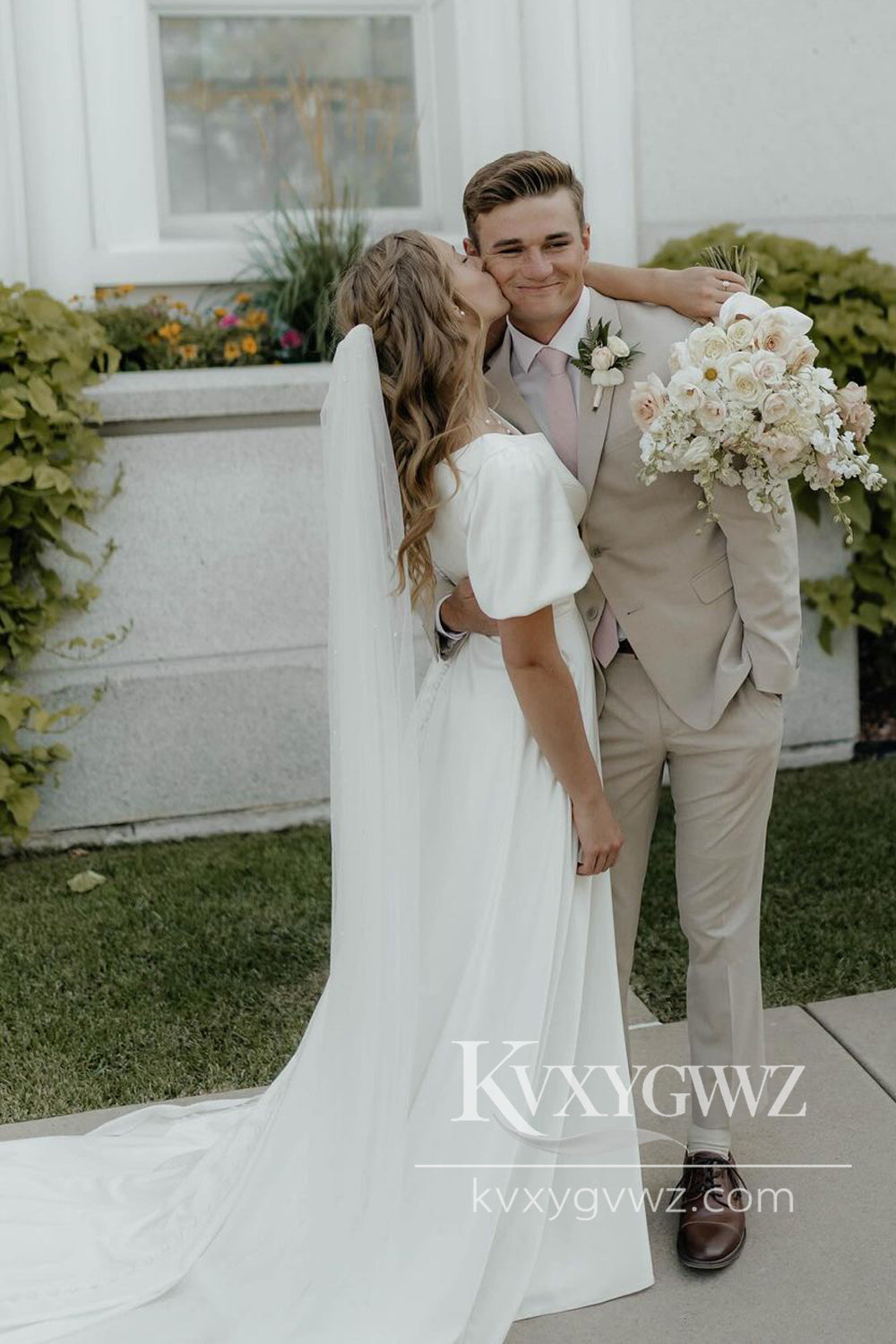 Pastoral Style A Line V Neck Satin Wedding Dresses Gown with Sleeves HS989