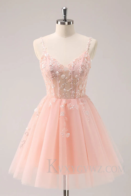 Sparkly Blush Floral Corset A-Line Short Homecoming Dress LF099