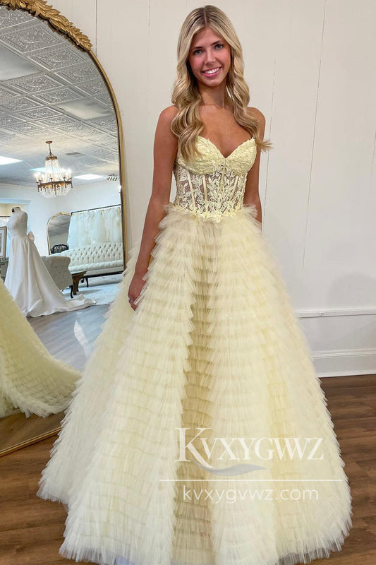 A-Line Yellow Appliques Evening Gown Sweetheart Ruffles Tiered Tulle Prom Dress LF990