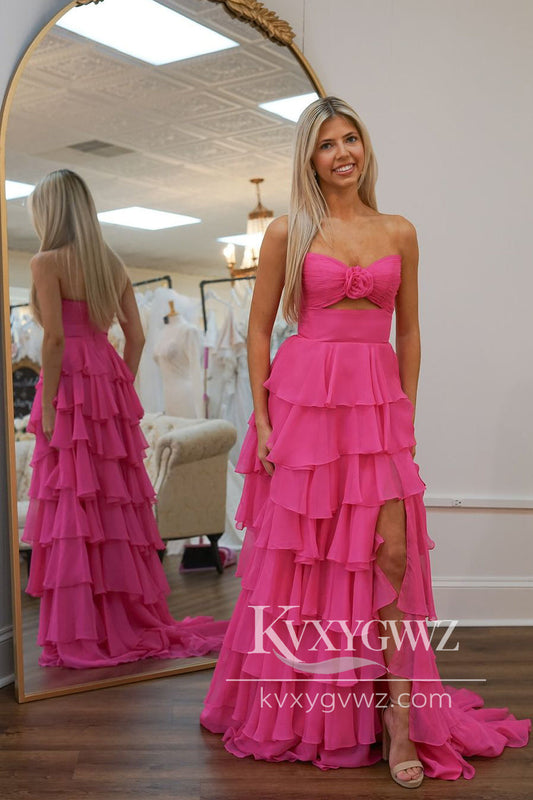 Fairy A Line Sweetheart Evening Gown Fuchsia Chiffon Prom Dress with Slit LF991