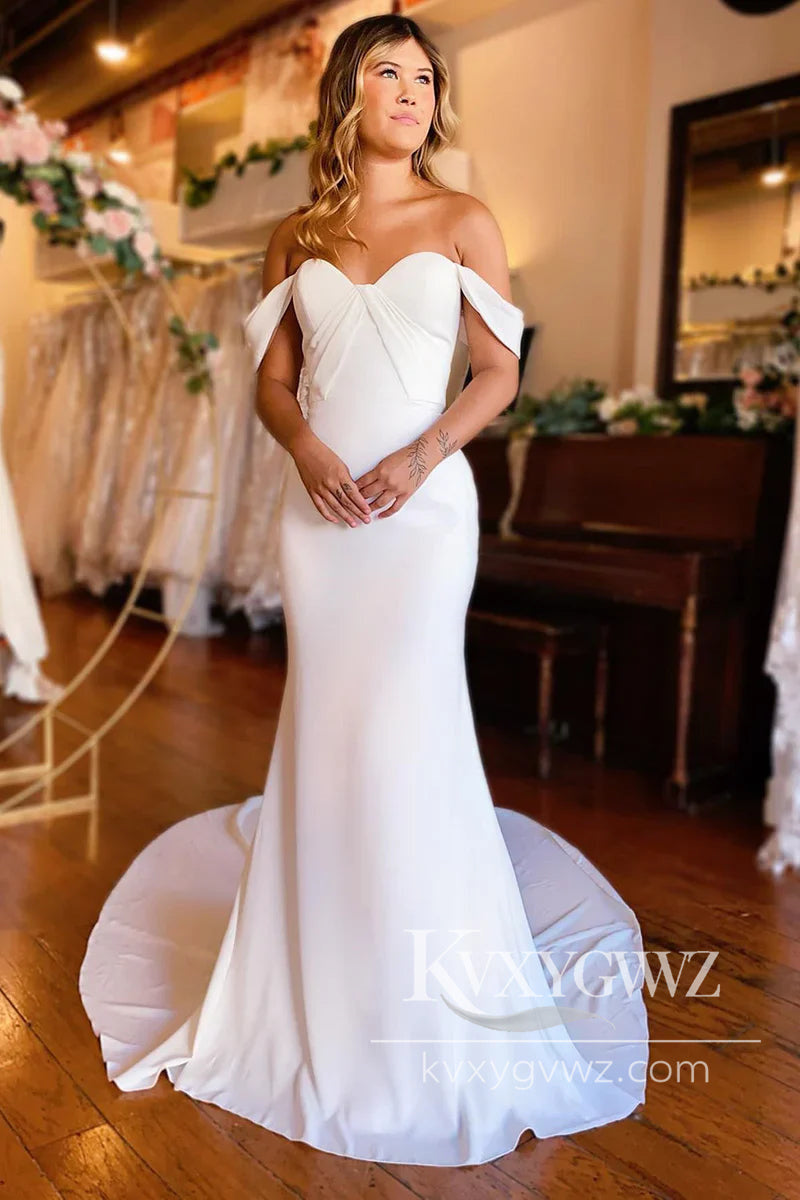 Graceful Simple Mermaid Off the Shoulder Satin Wedding Dresses Gown HS991