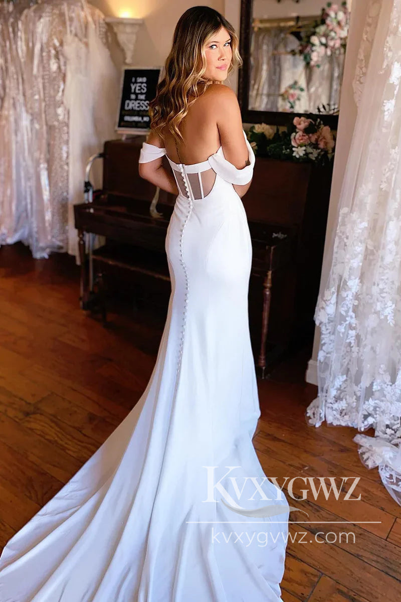 Graceful Simple Mermaid Off the Shoulder Satin Wedding Dresses Gown HS991