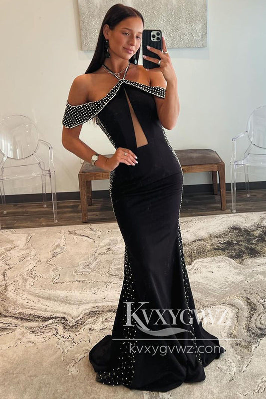 Black Halter Evening Gown Satin Mermaid Long Prom Dress with Beading LF992