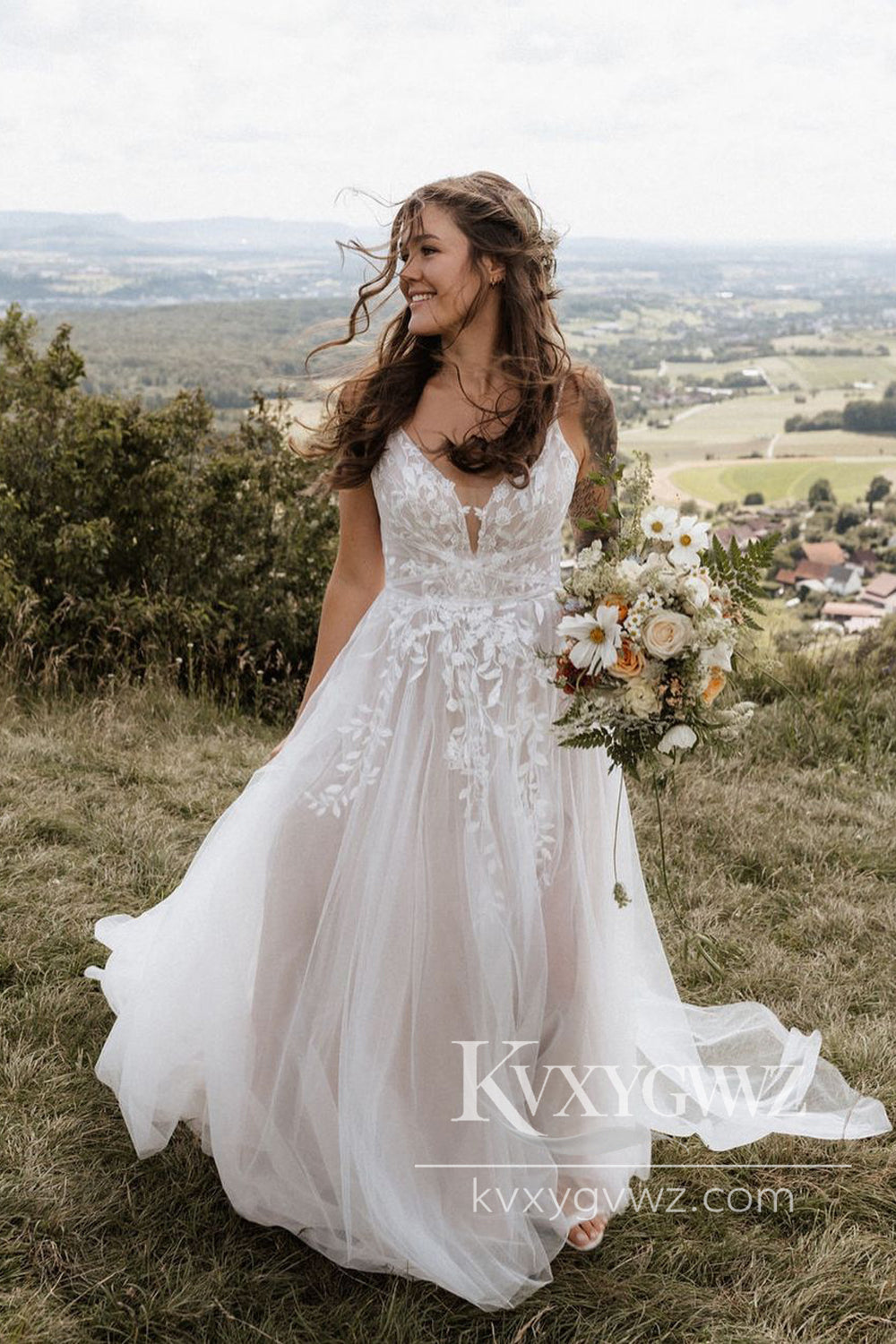 Pastoral Style A Line V Neck Tulle Long Wedding Dresses Gown with Appliques HS992