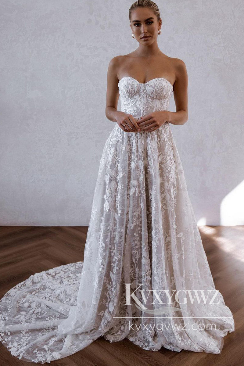 Pastoral Style A Line Sweetheart Lace Wedding Dresses Gown with Appliques HS993