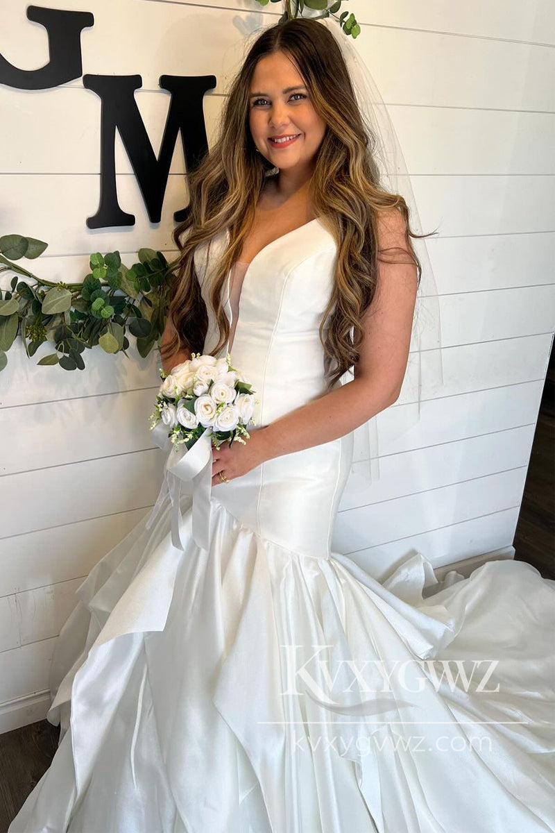 Graceful Mermaid V Neck Satin Wedding Dresses Gown With Sweep Train HS994
