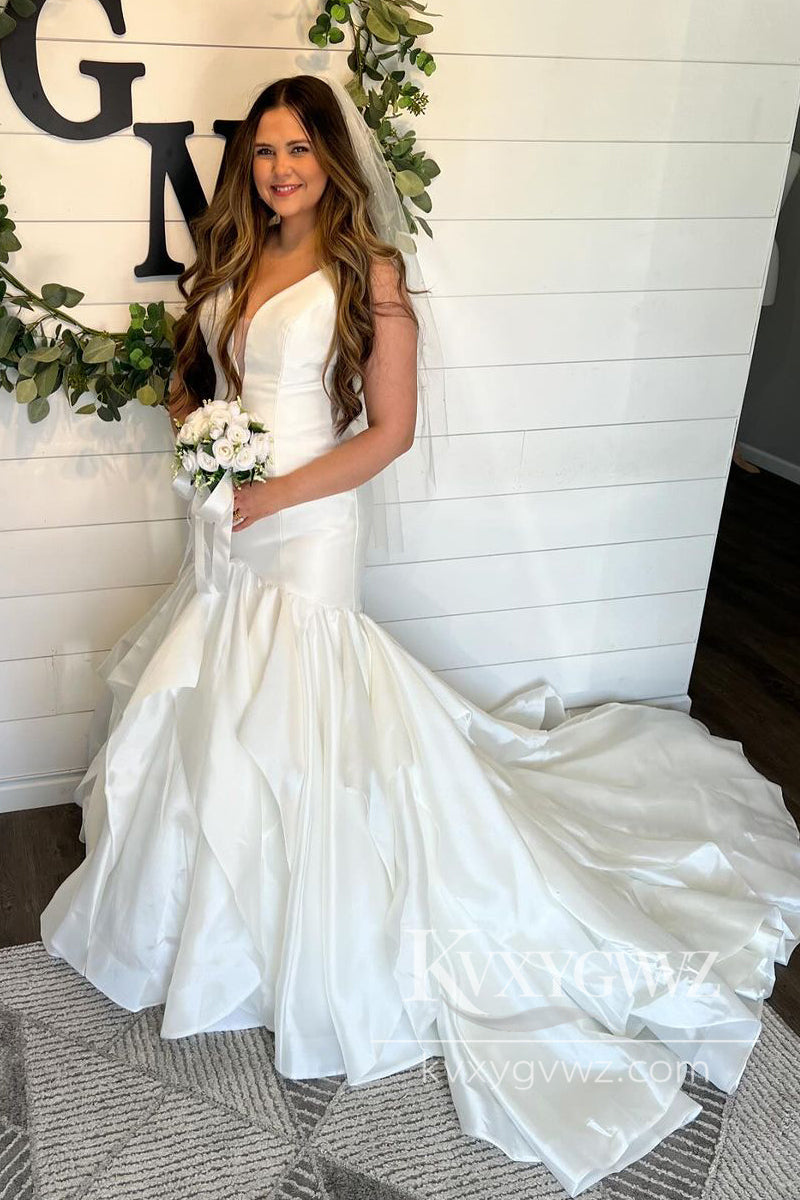 Graceful Mermaid V Neck Satin Wedding Dresses Gown With Sweep Train HS994
