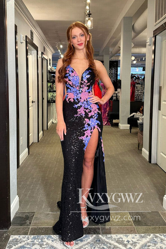Black V Neck Sequin Evening Gown Lace Mermaid Long Prom Dress LF994