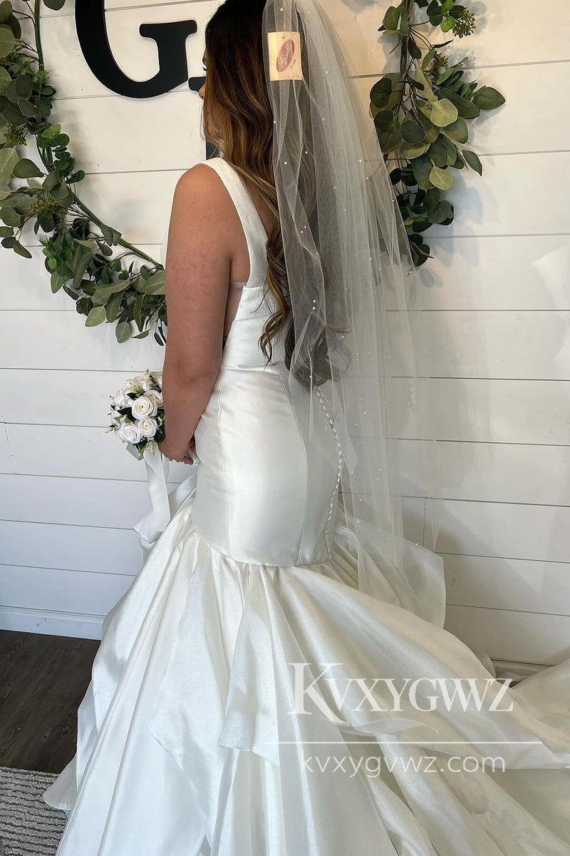 Graceful Mermaid V Neck Satin Wedding Dresses Gown With Sweep Train HS994